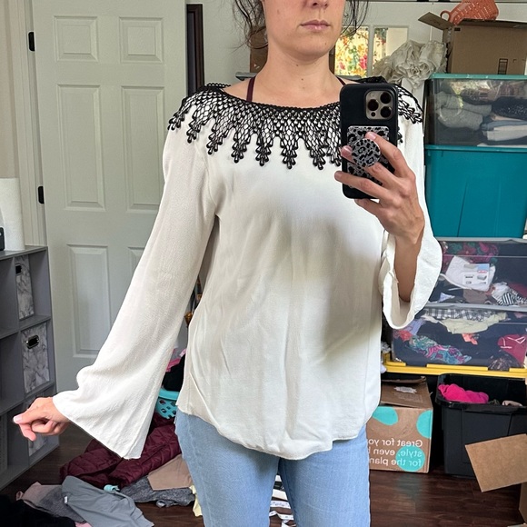 FOR LOVE & LEMONS Black White Open Draped Back Long Sleeve Top - Picture 11 of 12